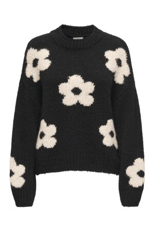 Jacqueline de Yong Dames trui lm ronde hals kort Jacqueline de Yong 15341564 BLACK ECRU FLOWERS